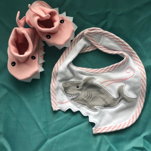 Other - Pink baby shark bib & booties 0-9 month